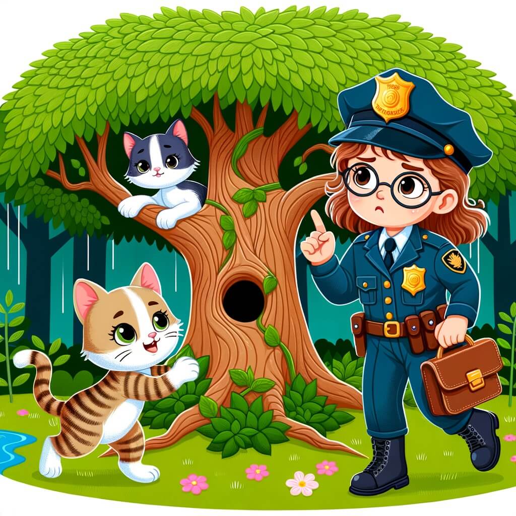 Une illustration destinée aux enfants représentant une femme policière intrépide, résolvant une affaire de vol avec l'aide d'un chaton courageux, dans un parc verdoyant avec un majestueux arbre où le chaton est coincé.
