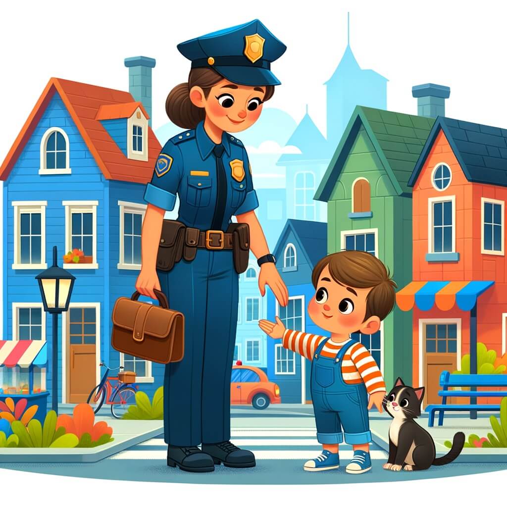 Une illustration destinée aux enfants représentant un courageux policier, dans une petite ville colorée, qui aide une petite fille à retrouver son chat perdu, tout en patrouillant dans les rues animées de son quartier.