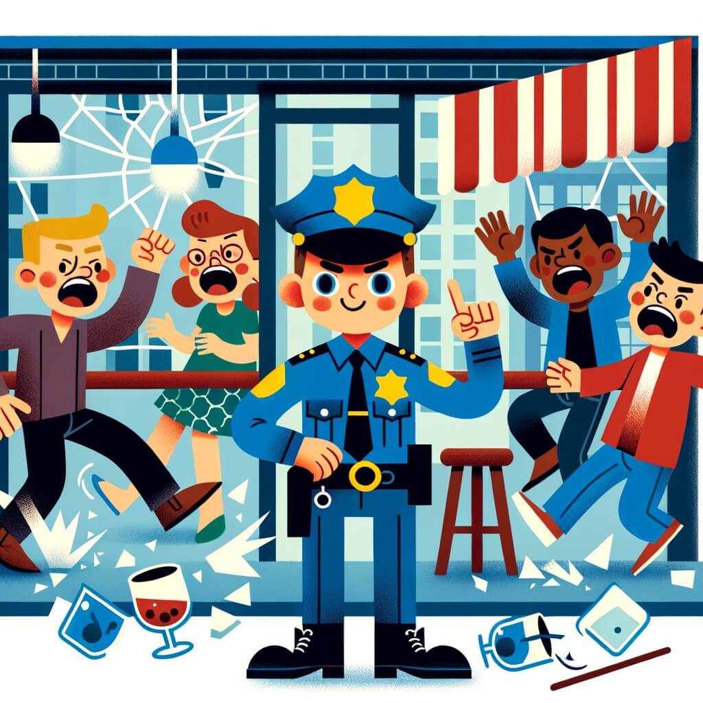 Une illustration destinée aux enfants représentant un courageux policier, vêtu de son uniforme bleu, en train de résoudre une bagarre dans un bar animé du centre-ville, avec des verres brisés et des clients apeurés.
