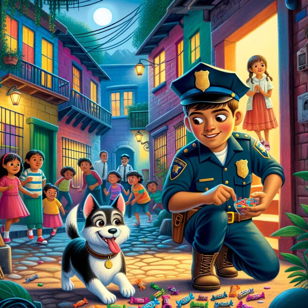 Une illustration destinée aux enfants représentant un jeune homme courageux en uniforme de policier, accompagné de son fidèle chien policier, résolvant un vol de bonbons dans une ruelle sombre et étroite d'un quartier animé avec des maisons colorées et des enfants joyeux.