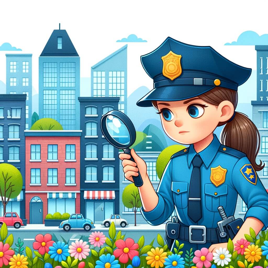 Une illustration destinée aux enfants représentant une femme policière intrépide, en uniforme bleu et casquette, enquêtant avec détermination dans une ville animée, entourée de gratte-ciels colorés et de rues bordées de fleurs.