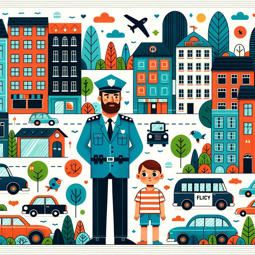 Une illustration destinée aux enfants représentant un homme en uniforme bleu, accompagné d'un jeune garçon curieux, dans une ville animée avec des voitures, des arbres et des bâtiments colorés.