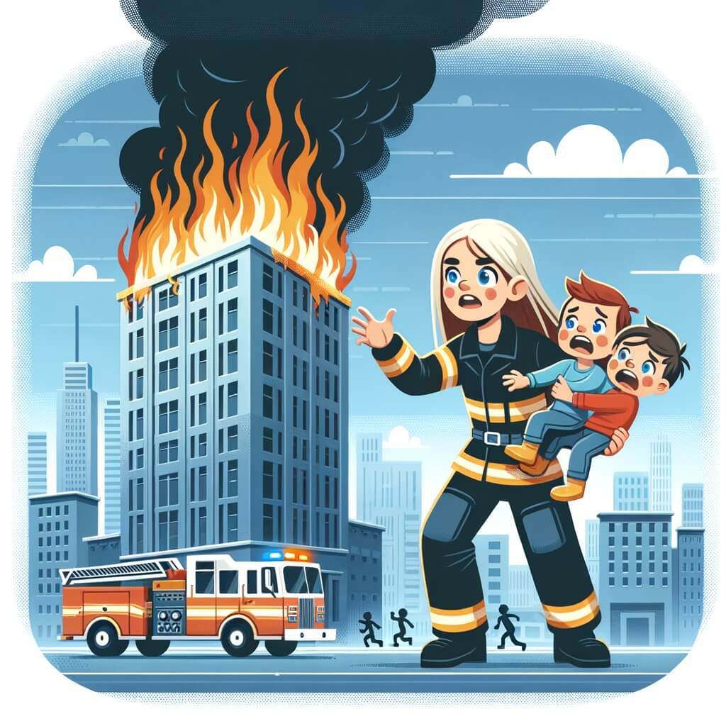 Une illustration destinée aux enfants représentant une femme pompier courageuse, sauvant deux enfants paniqués d'un immeuble en flammes, avec en toile de fond un immeuble haut et imposant, embrasé par un incendie, au cœur d'une ville animée.