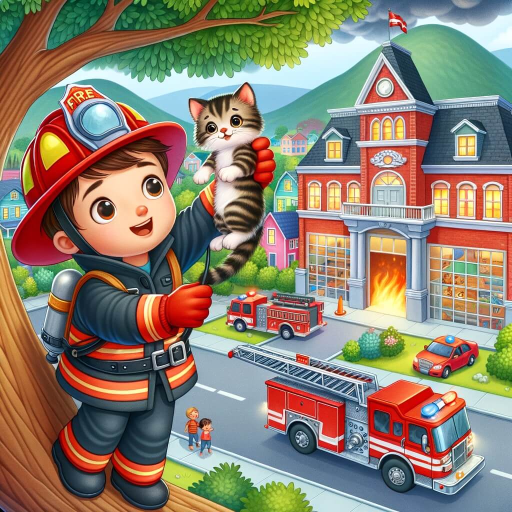 Une illustration pour enfants représentant un pompier courageux qui sauve un chaton coincé dans un arbre, au milieu d'une ville en effervescence.
