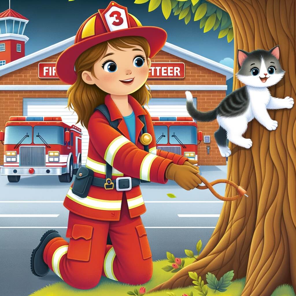 Une illustration pour enfants représentant un homme en uniforme rouge de pompier, qui sauve un chat coincé dans un arbre, à la caserne de pompiers de la ville.