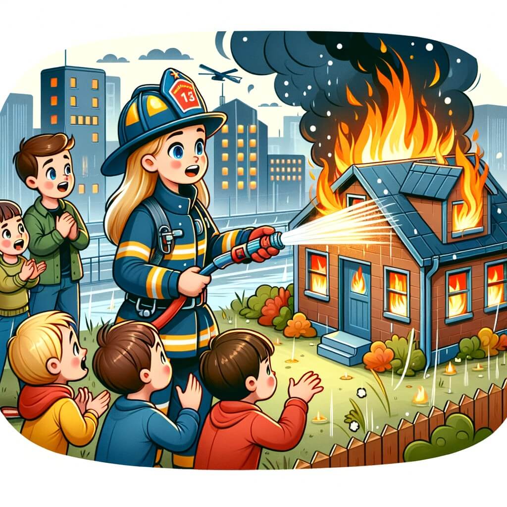Une illustration pour enfants représentant une femme pompière courageuse et déterminée, qui travaille à la caserne des pompiers et doit sauver une maison en feu.