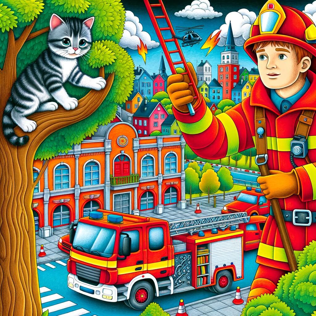 Une illustration pour enfants représentant un jeune garçon passionné par les pompiers qui passe une journée à la caserne pour découvrir leur quotidien, dans une ville animée.