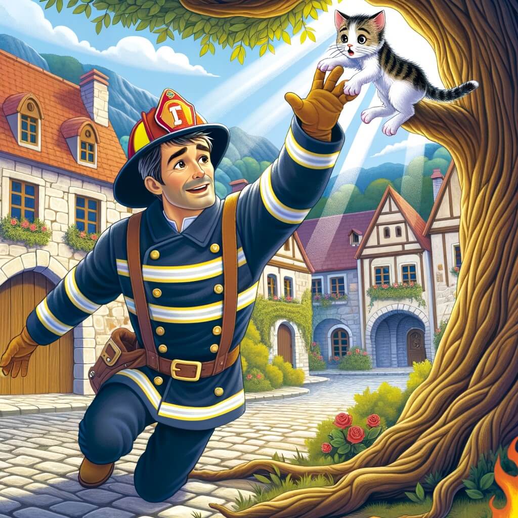 Une illustration pour enfants représentant un homme au grand cœur, pompier courageux, en train de sauver un chaton coincé dans un arbre, dans le village paisible de Bonheurville.
