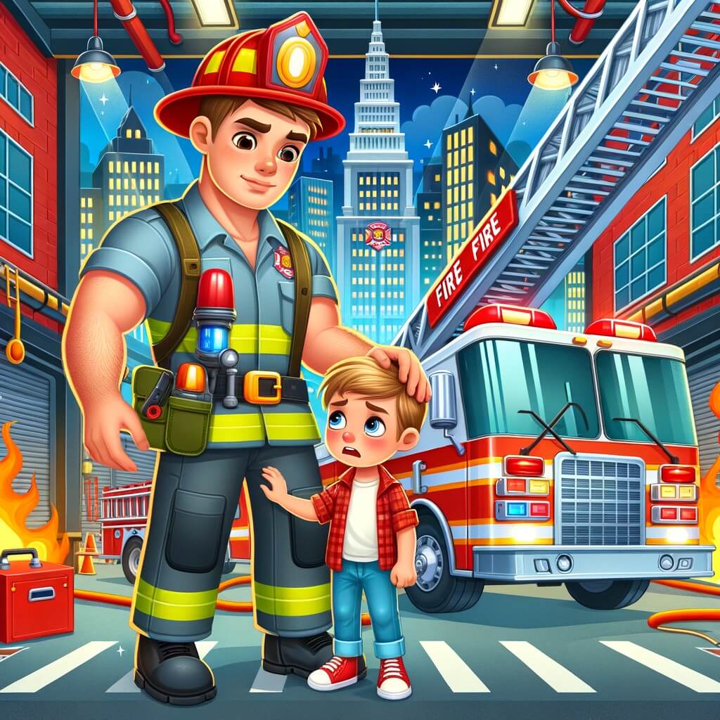 Une illustration destinée aux enfants représentant un pompier courageux et musclé, dans une caserne animée par le bruit des sirènes, qui vient en aide à un petit garçon en détresse, avec en toile de fond une imposante échelle rouge et un camion de pompiers étincelant, prêt à intervenir à tout moment, dans une ville colorée et pleine de vie.