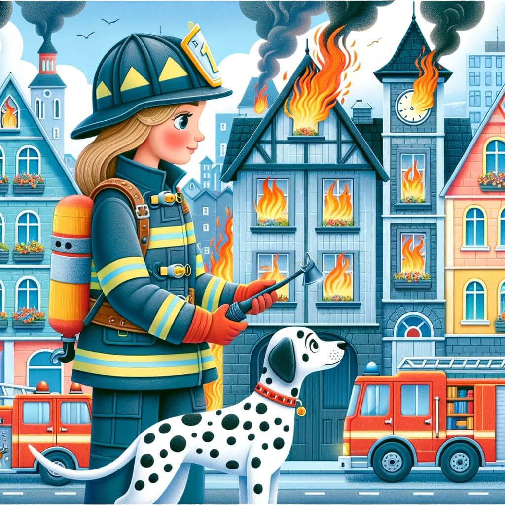 Une illustration destinée aux enfants représentant une femme pompier courageuse, confrontée à un incendie dans une maison, accompagnée de son fidèle chien dalmatien, dans une ville animée avec des maisons colorées et une caserne de pompiers imposante en arrière-plan.