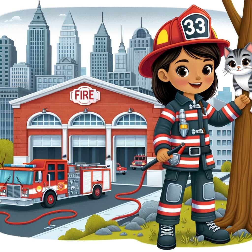 Une illustration pour enfants représentant une femme pompier courageuse qui sauve une petite fille d'un incendie dans une maison de la banlieue.