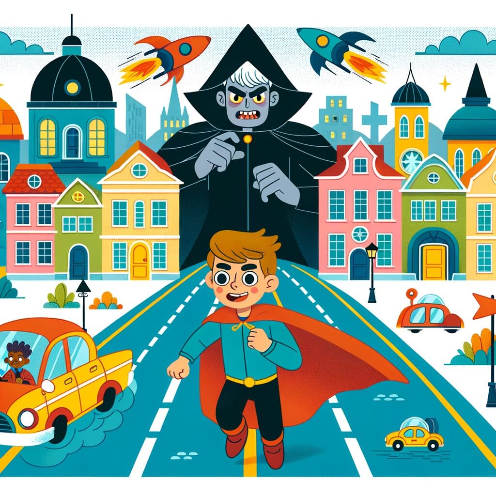 Une illustration destinée aux enfants représentant un courageux jeune homme doté de super-pouvoirs, affrontant un méchant scientifique dans une ville aux rues colorées, avec des maisons aux toits en forme de dômes et des voitures volantes.