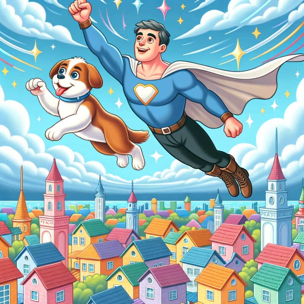 Une illustration destinée aux enfants représentant un homme au pouvoir extraordinaire, volant dans les airs, accompagné de son fidèle ami, dans la ville de Fantasie, avec ses maisons colorées et ses tours étincelantes.