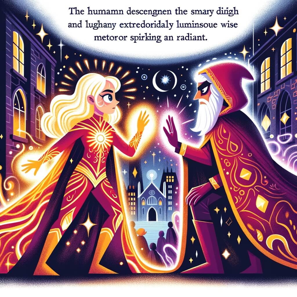 Une illustration pour enfants représentant une femme en costume lumineux, prête à affronter les ténèbres, dans la ville de Lumina.