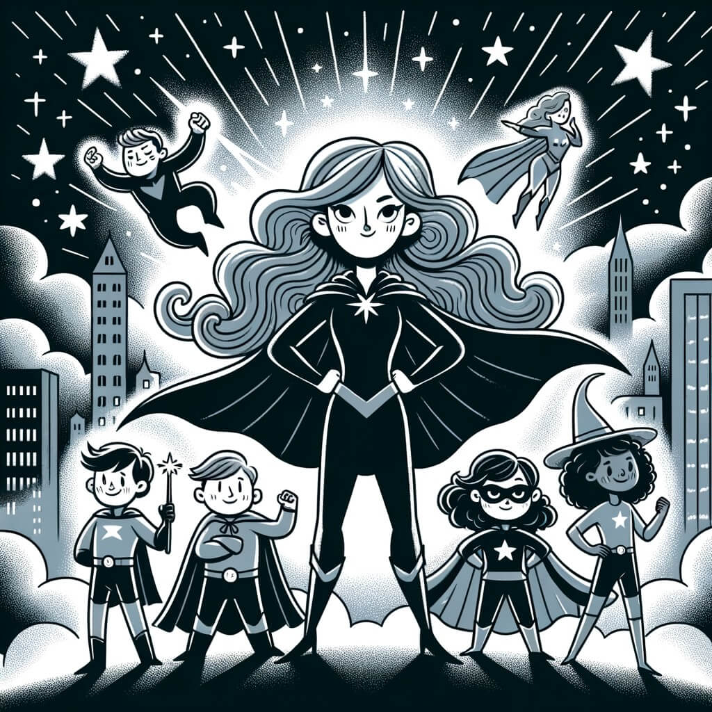 Une illustration destinée aux enfants représentant une super-héroïne intrépide aux cheveux flottants, faisant face à un sorcier maléfique, entourée d'autres jeunes super-héros, dans une ville étincelante où les étoiles scintillent dans le ciel nocturne.