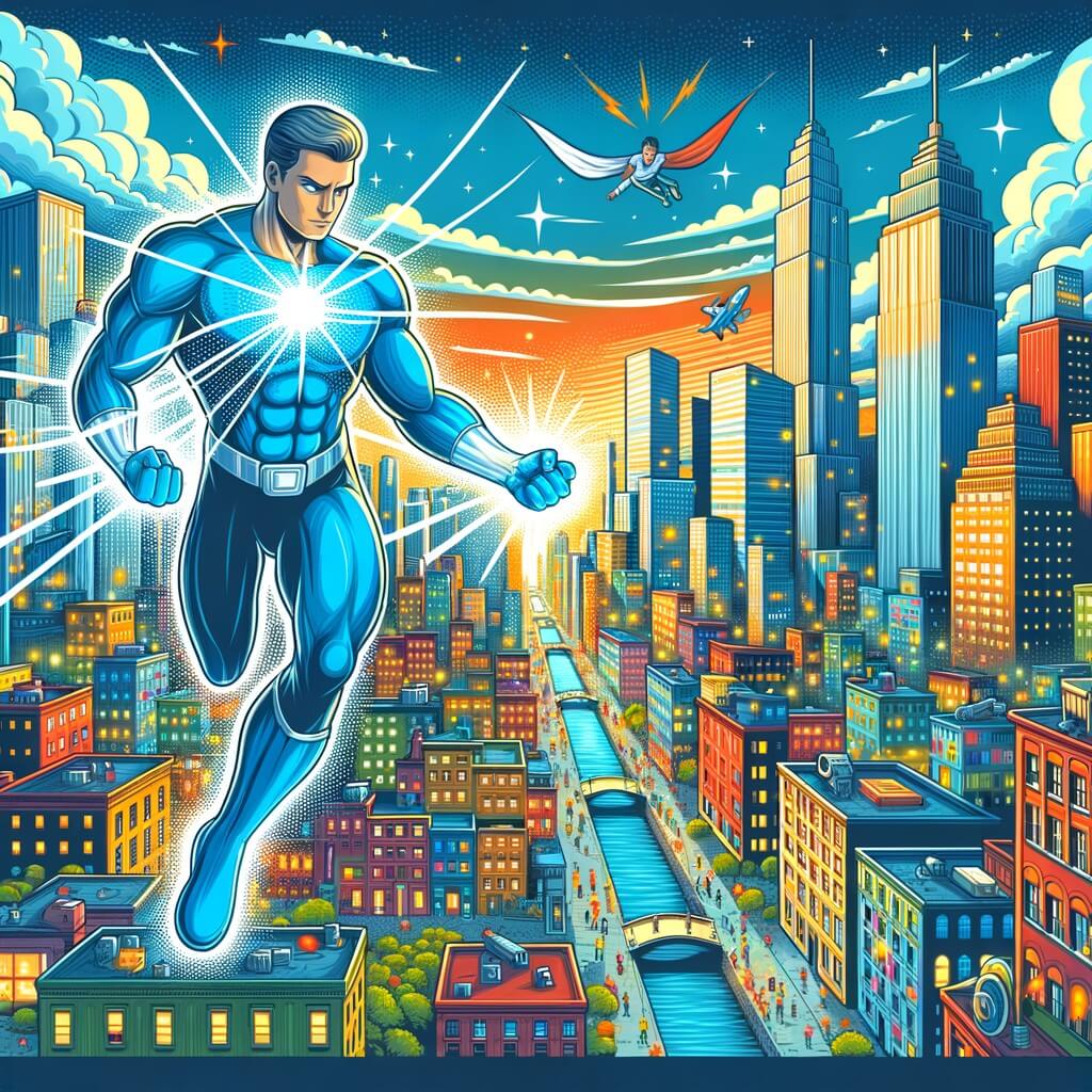 Une illustration destinée aux enfants représentant un homme doté de pouvoirs extraordinaires, affrontant un ennemi invisible, dans une ville animée remplie de gratte-ciel étincelants et de rues colorées.
