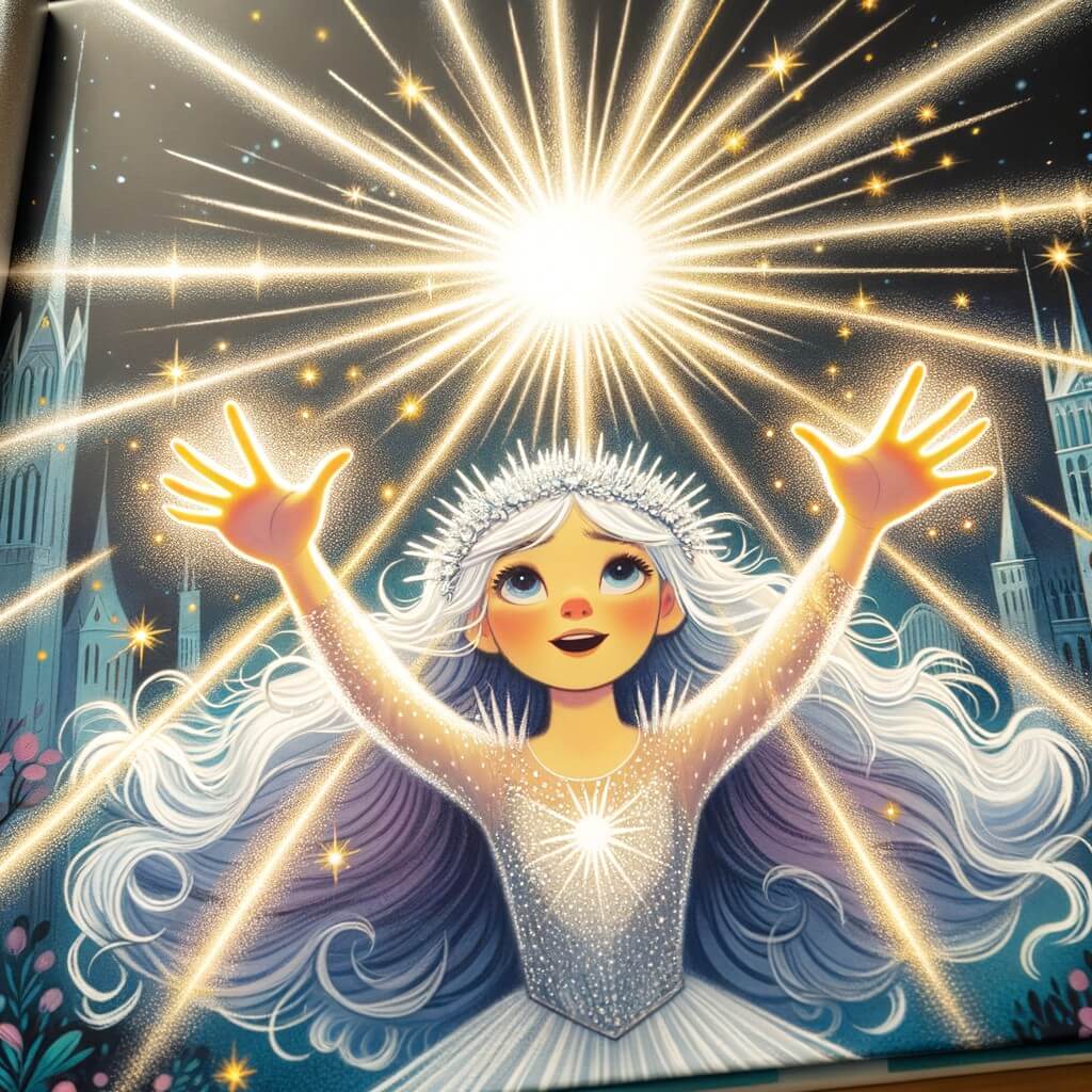 Une illustration pour enfants représentant une femme étincelante aux cheveux argentés, protégeant la ville de Lumina des ténèbres avec ses pouvoirs lumineux.