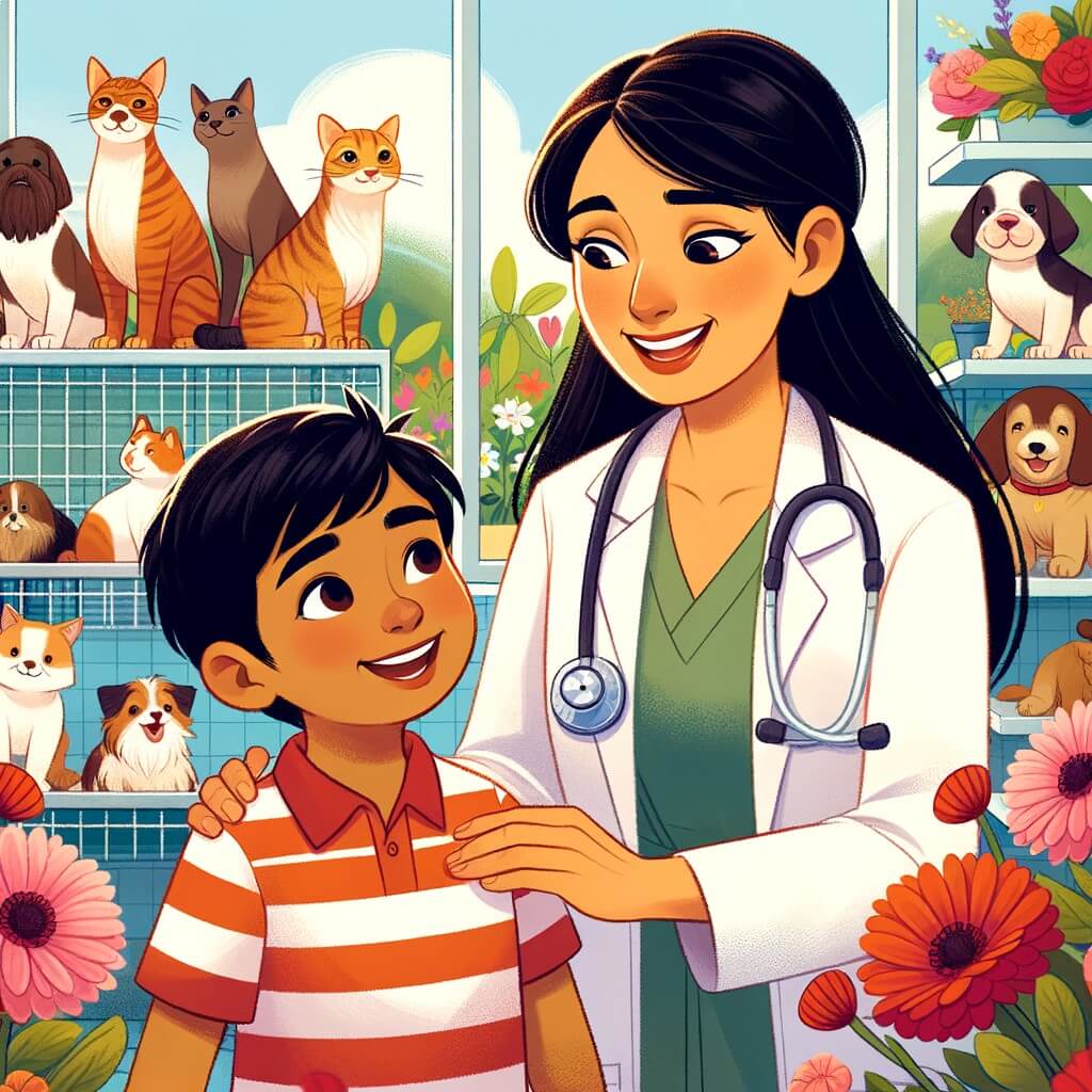 Une illustration destinée aux enfants représentant une jeune femme vétérinaire passionnée des animaux, accompagnée d'un petit garçon curieux, travaillant ensemble dans une clinique vétérinaire chaleureuse entourée de fleurs colorées et d'animaux joyeux.