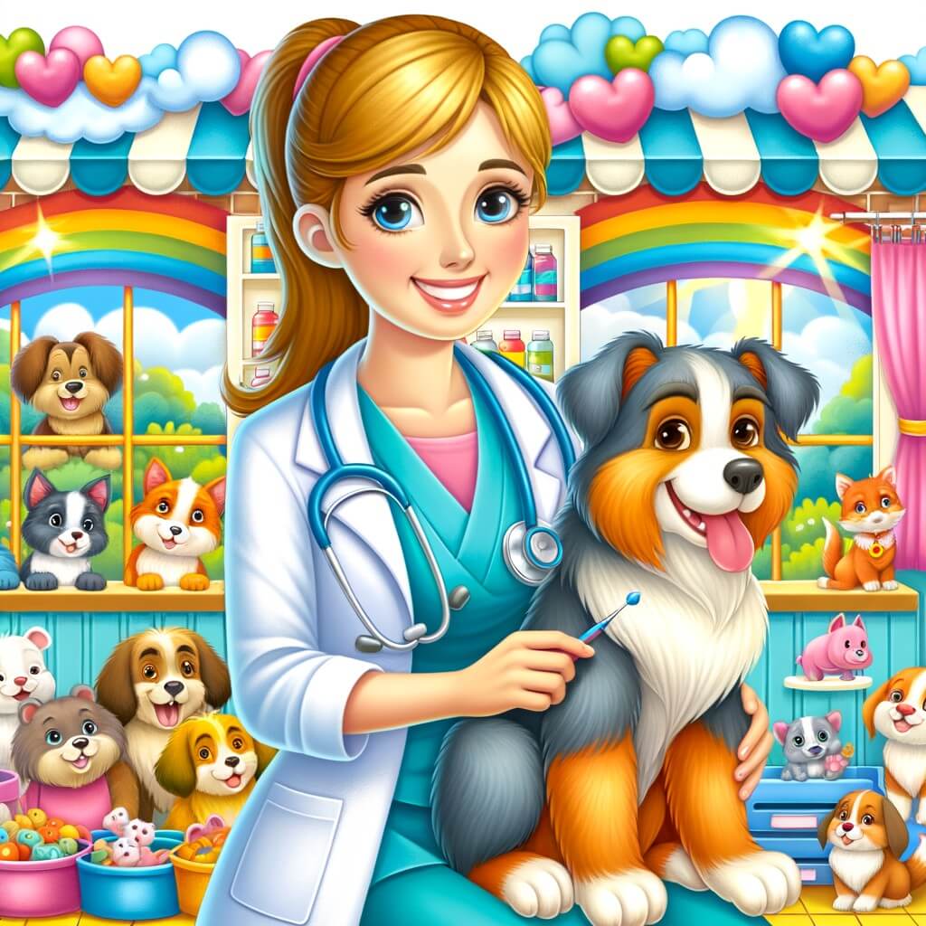 Une illustration destinée aux enfants représentant une vétérinaire passionnée, accompagnée de son fidèle chien, travaillant avec amour et dévouement au cœur d'une clinique colorée remplie d'animaux joyeux et de sourires radieux.