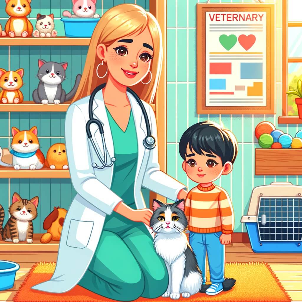Une illustration destinée aux enfants représentant une vétérinaire passionnée, accompagnée d'un petit garçon et de son chat malade, dans un cabinet vétérinaire coloré et chaleureux, rempli de jouets pour animaux et de posters éducatifs.