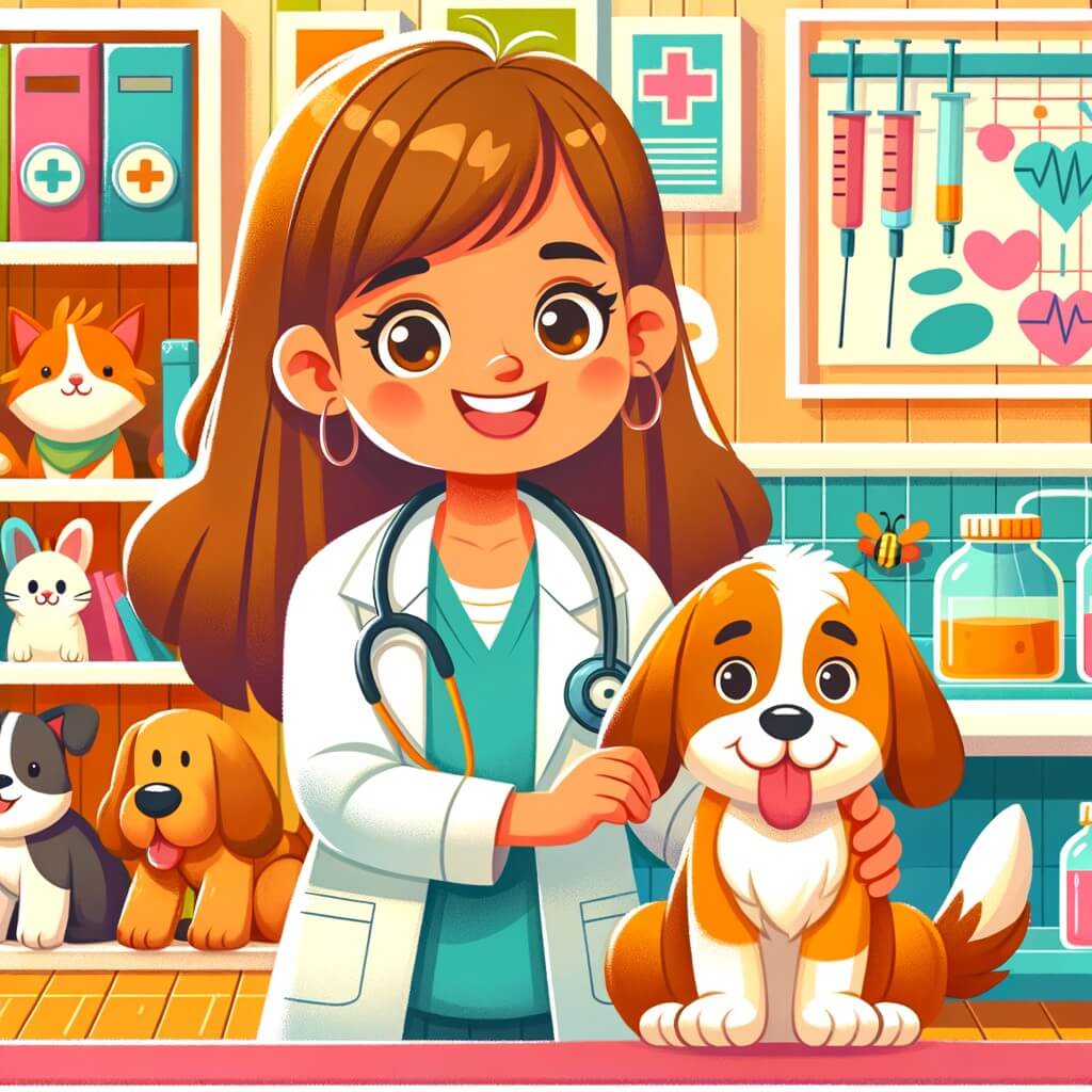 Une illustration destinée aux enfants représentant une femme vétérinaire passionnée des animaux, qui aide un chien blessé, accompagnée de son chien fidèle, dans une clinique vétérinaire colorée et chaleureuse, remplie d'animaux joyeux et d'équipements médicaux.