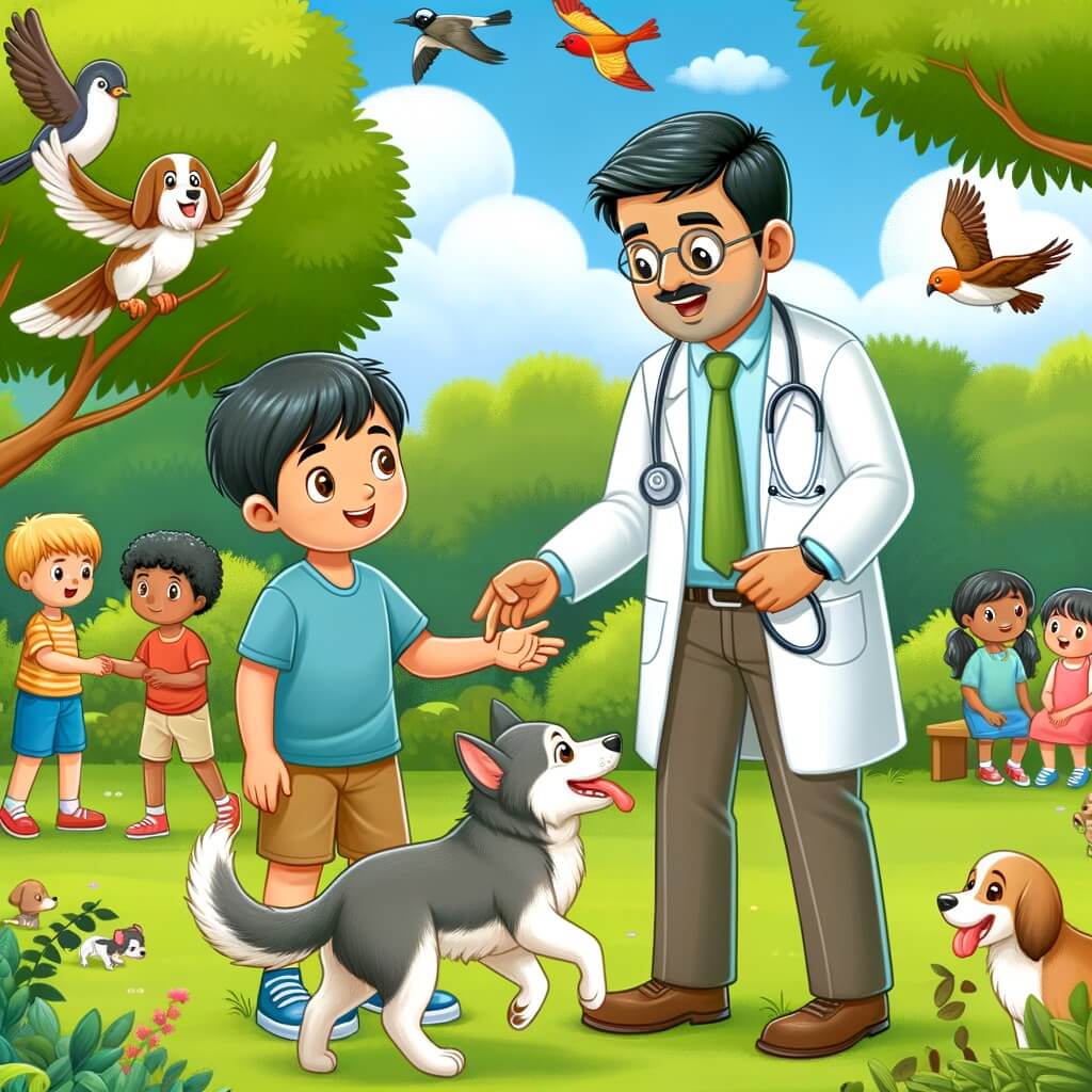 Une illustration destinée aux enfants représentant un homme passionné par les animaux, qui devient vétérinaire et rencontre un jeune garçon, dans un parc verdoyant où les enfants jouent, les chiens courent et les oiseaux volent de branche en branche.