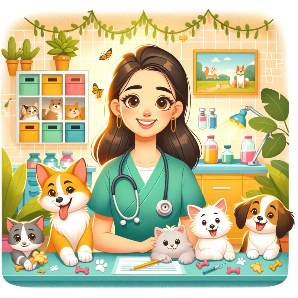 Une illustration destinée aux enfants représentant une jeune femme vétérinaire passionnée, entourée d'animaux souriants, dans une clinique colorée et chaleureuse remplie de plantes vertes et de jouets pour animaux.
