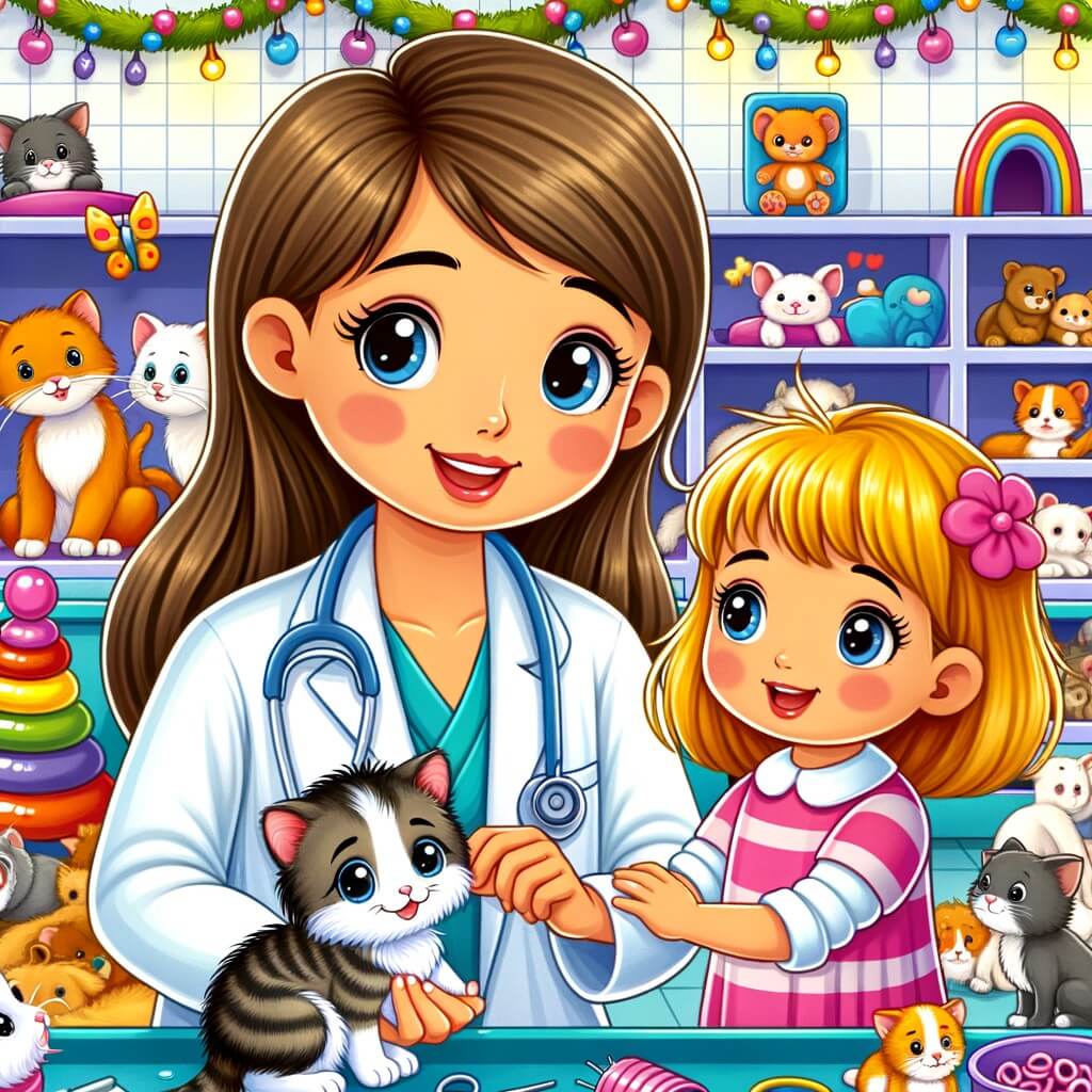 Une illustration pour enfants représentant une femme vétérinaire passionnée qui prend soin d'un petit chaton perdu dans son cabinet, où elle accueille tous les animaux avec amour et dévouement.