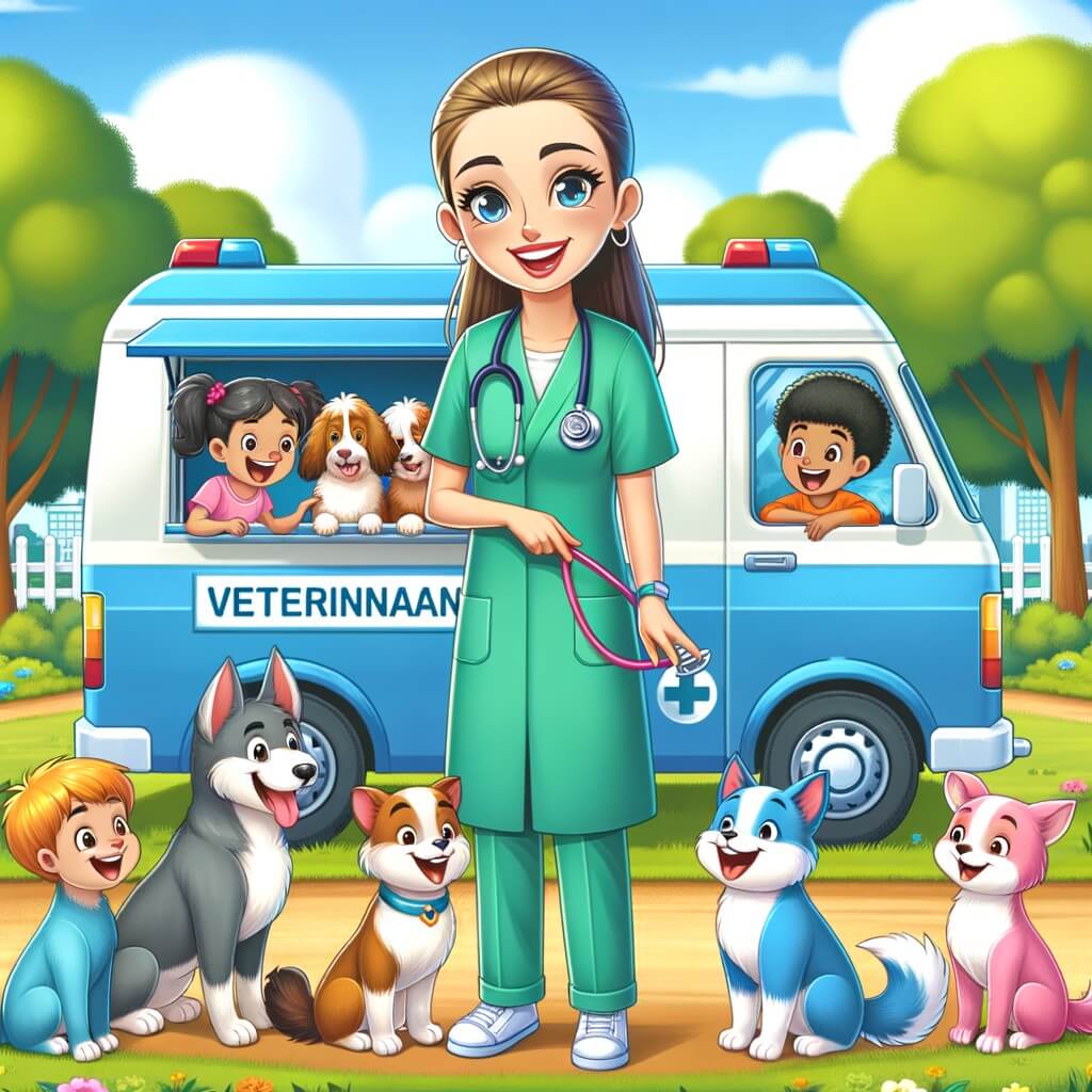 Une illustration pour enfants représentant une jeune femme vétérinaire passionnée par les animaux, qui parcourt la ville avec sa clinique mobile pour aider les animaux dans le besoin.