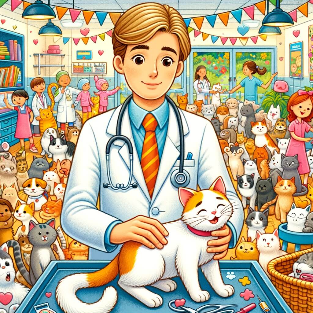 Une illustration destinée aux enfants représentant un vétérinaire bienveillant, vêtu d'une blouse blanche, s'occupant d'un adorable chat blessé, dans une clinique vétérinaire colorée remplie d'animaux joyeux et de propriétaires reconnaissants.