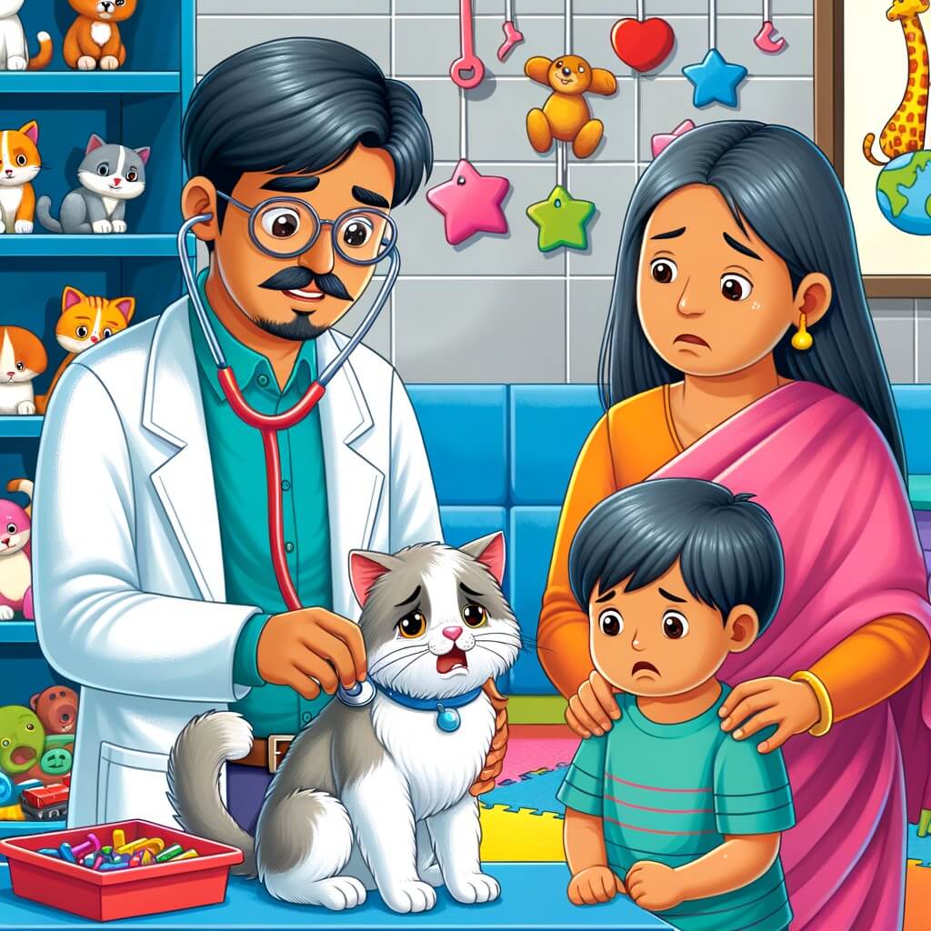 Une illustration destinée aux enfants représentant un homme vêtu d'une blouse blanche, tenant un stéthoscope, en train de consulter un chat triste avec une maman et son petit garçon, dans une clinique vétérinaire colorée et remplie de jouets pour animaux.