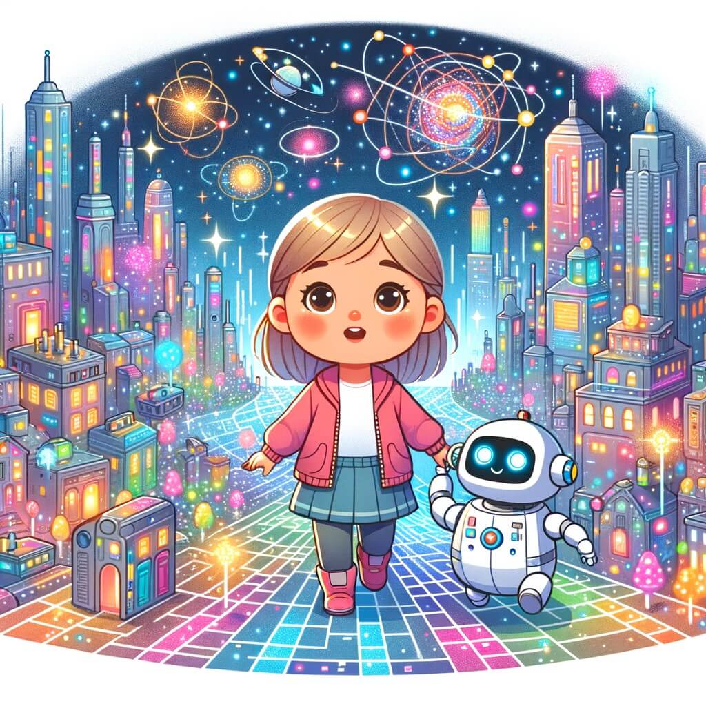 Une illustration destinée aux enfants représentant une petite fille curieuse, accompagnée d'un robot de compagnie, explorant une ville futuriste étincelante, remplie de bâtiments flottants et de rues illuminées de mille couleurs.