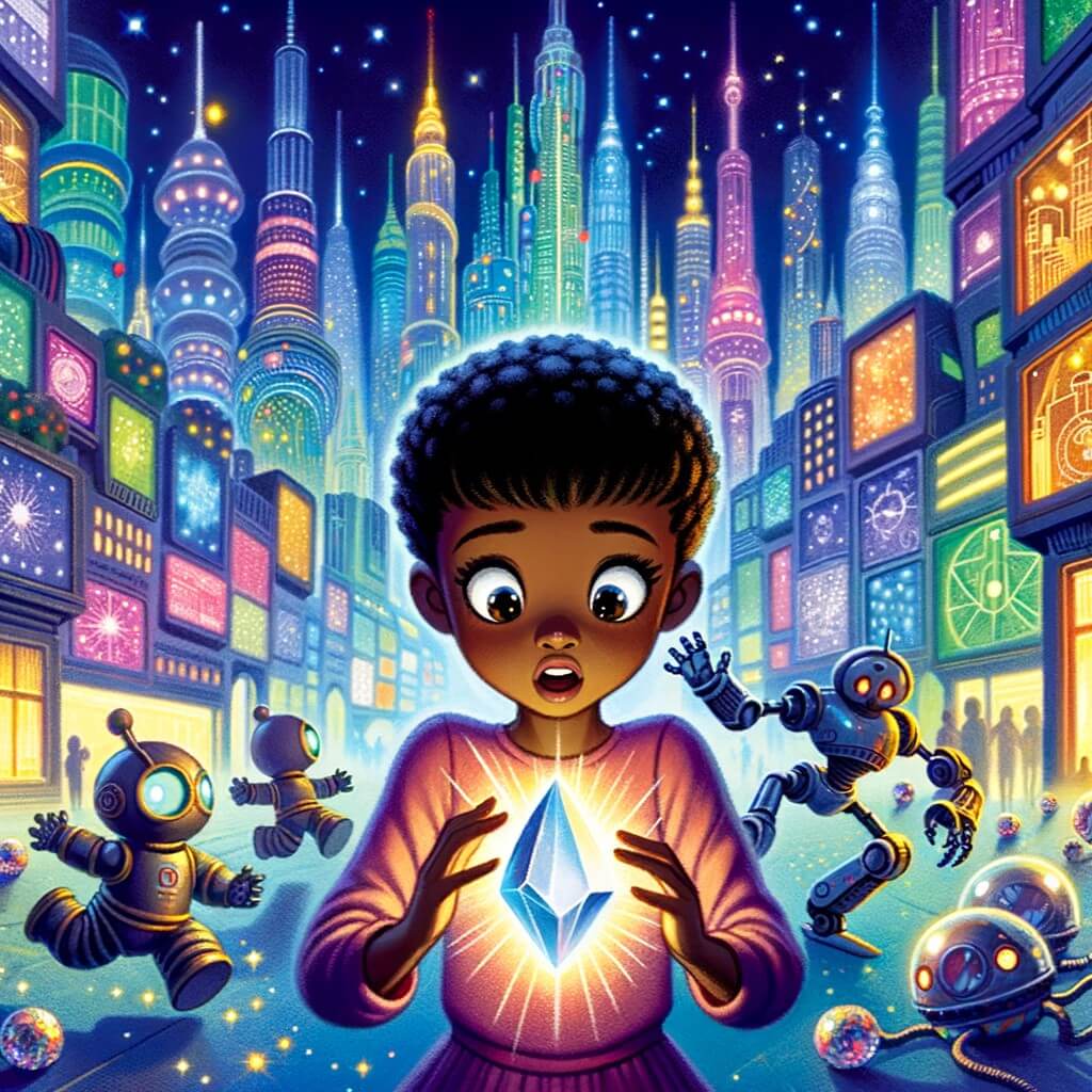 Une illustration pour enfants représentant une petite fille curieuse découvrant un cristal magique qui la transporte dans une ville futuriste remplie de lumières et de robots.