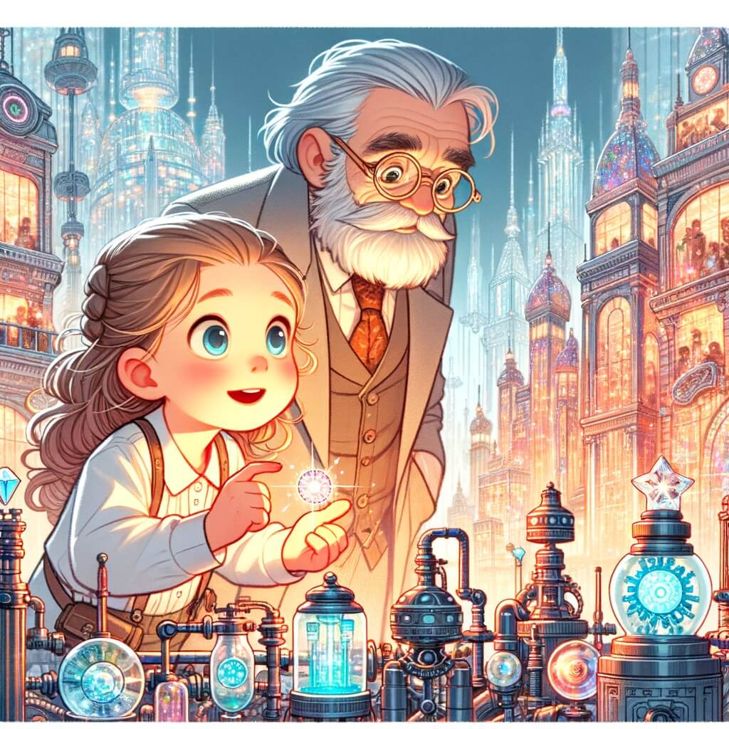 Une illustration pour enfants représentant une petite fille curieuse explorant une ville futuriste étincelante de cristal.