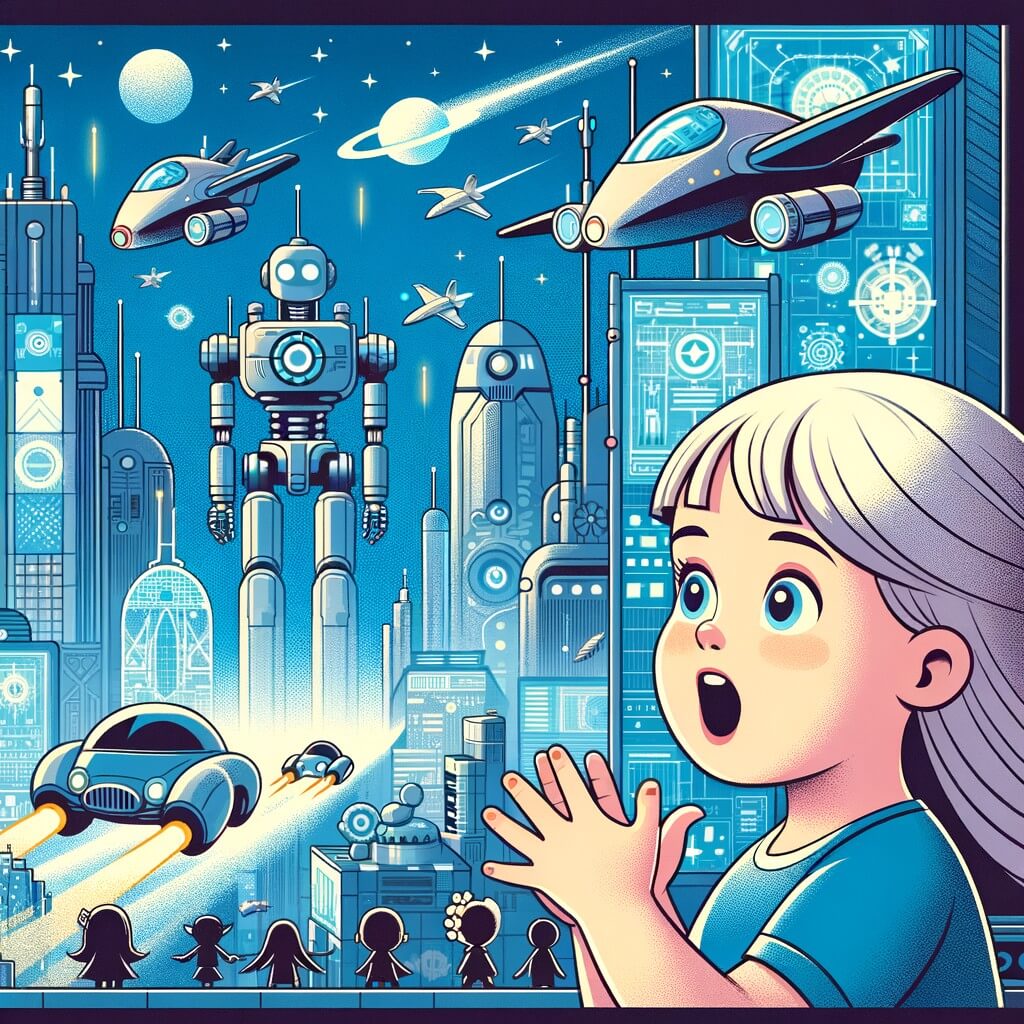 Une illustration destinée aux enfants représentant une petite fille émerveillée par les voitures volantes et les robots dans une ville futuriste remplie de bâtiments gigantesques et d'écrans géants.