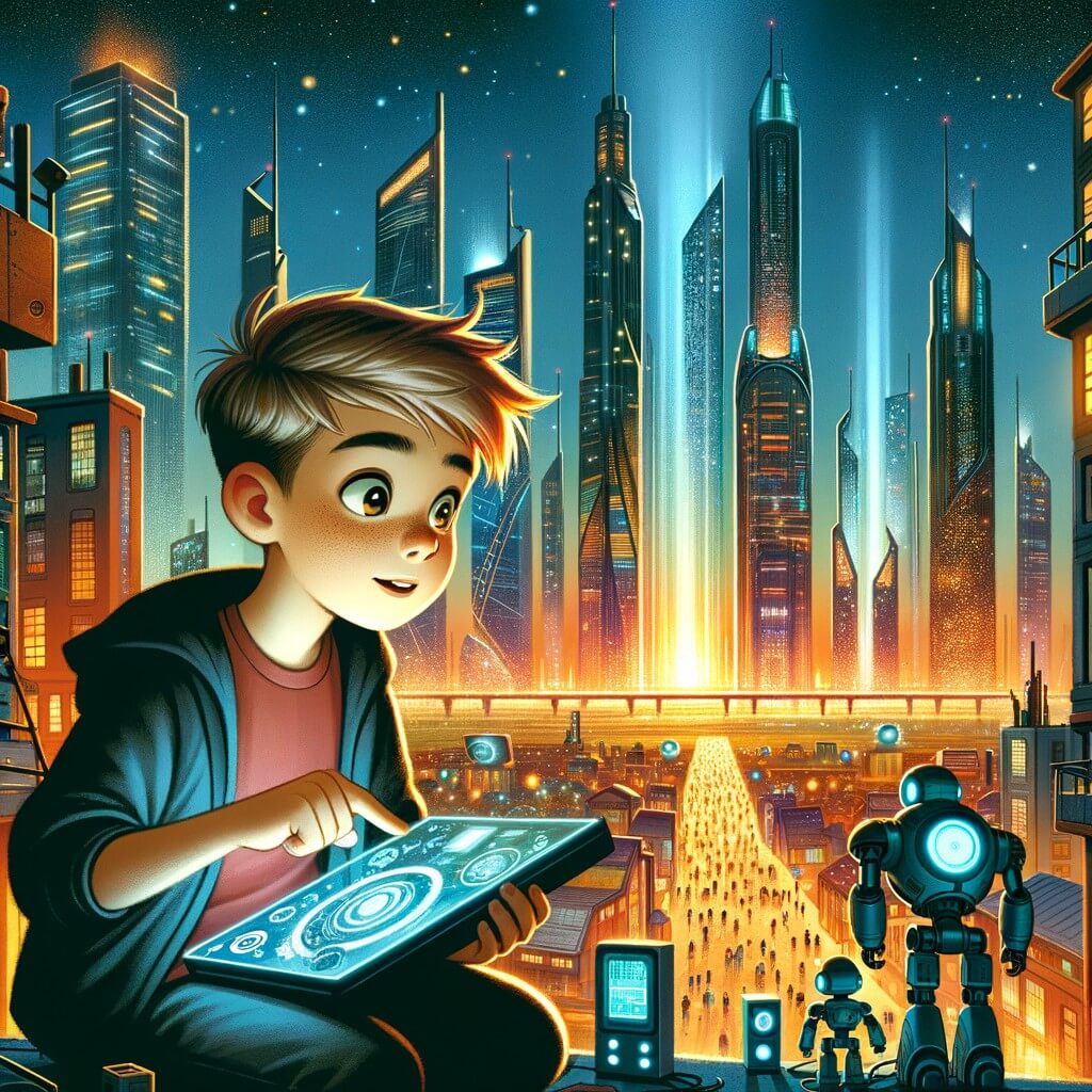 Une illustration pour enfants représentant un jeune garçon curieux et aventurier, se retrouvant plongé dans une série de défis technologiques dans une ville futuriste étincelante.