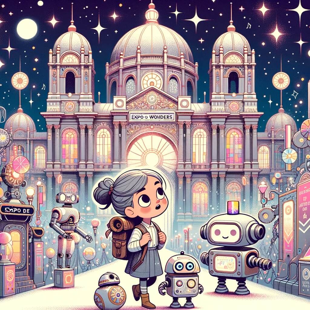Une illustration destinée aux enfants représentant une petite fille curieuse et aventurière se promenant dans une ville futuriste étincelante, accompagnée d'un robot guide, à la découverte d'un bâtiment majestueux où se trouve une Expo des Merveilles, remplie de machines étonnantes et d'idées incroyables.