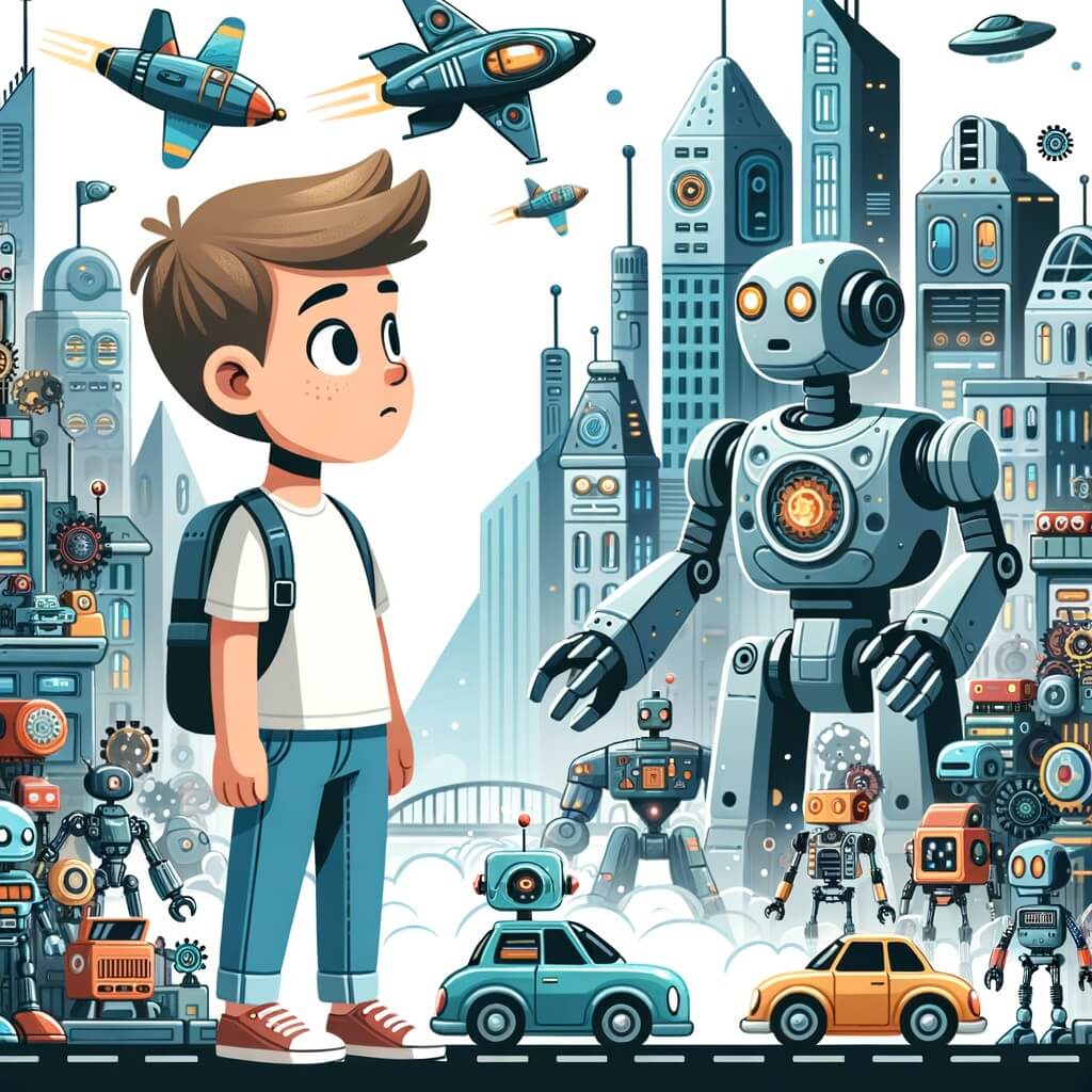 Une illustration destinée aux enfants représentant un petit garçon passionné par les machines, se retrouvant confronté à des robots rebelles dans une ville futuriste remplie de bâtiments impressionnants, de voitures volantes et de technologies avancées.