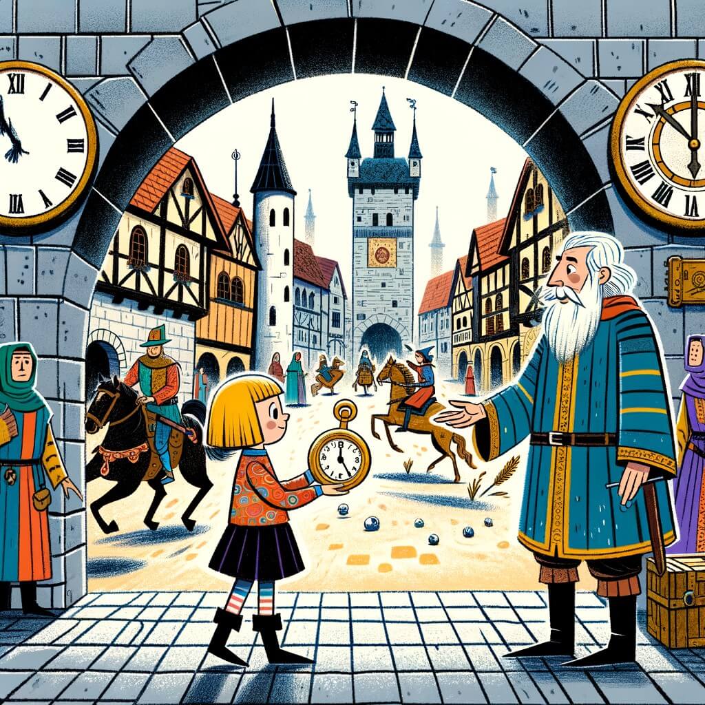 Une illustration pour enfants représentant une petite fille fan d'histoires de voyages dans le temps, projetée dans un village fortifié du Moyen Âge après avoir touché une horloge étrange.