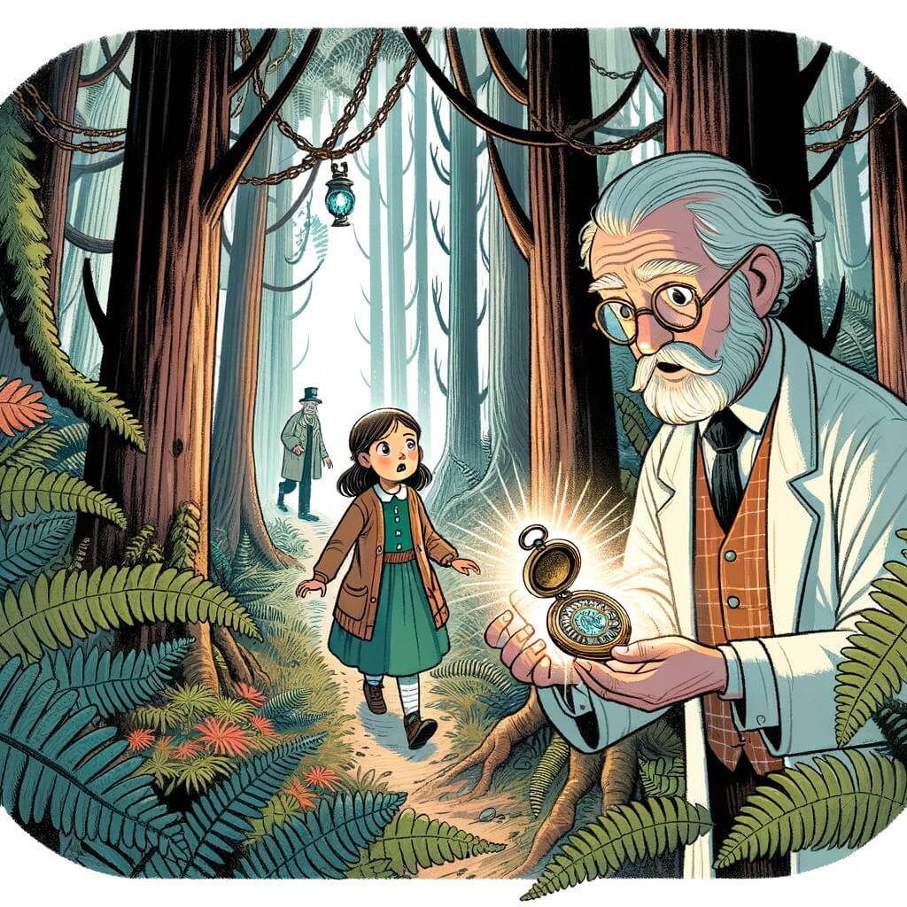Une illustration destinée aux enfants représentant une petite fille curieuse, transportée dans le passé grâce à un mystérieux médaillon, accompagnée d'un vieil homme scientifique, dans une forêt enchantée avec de grandes fougères et des arbres immenses.