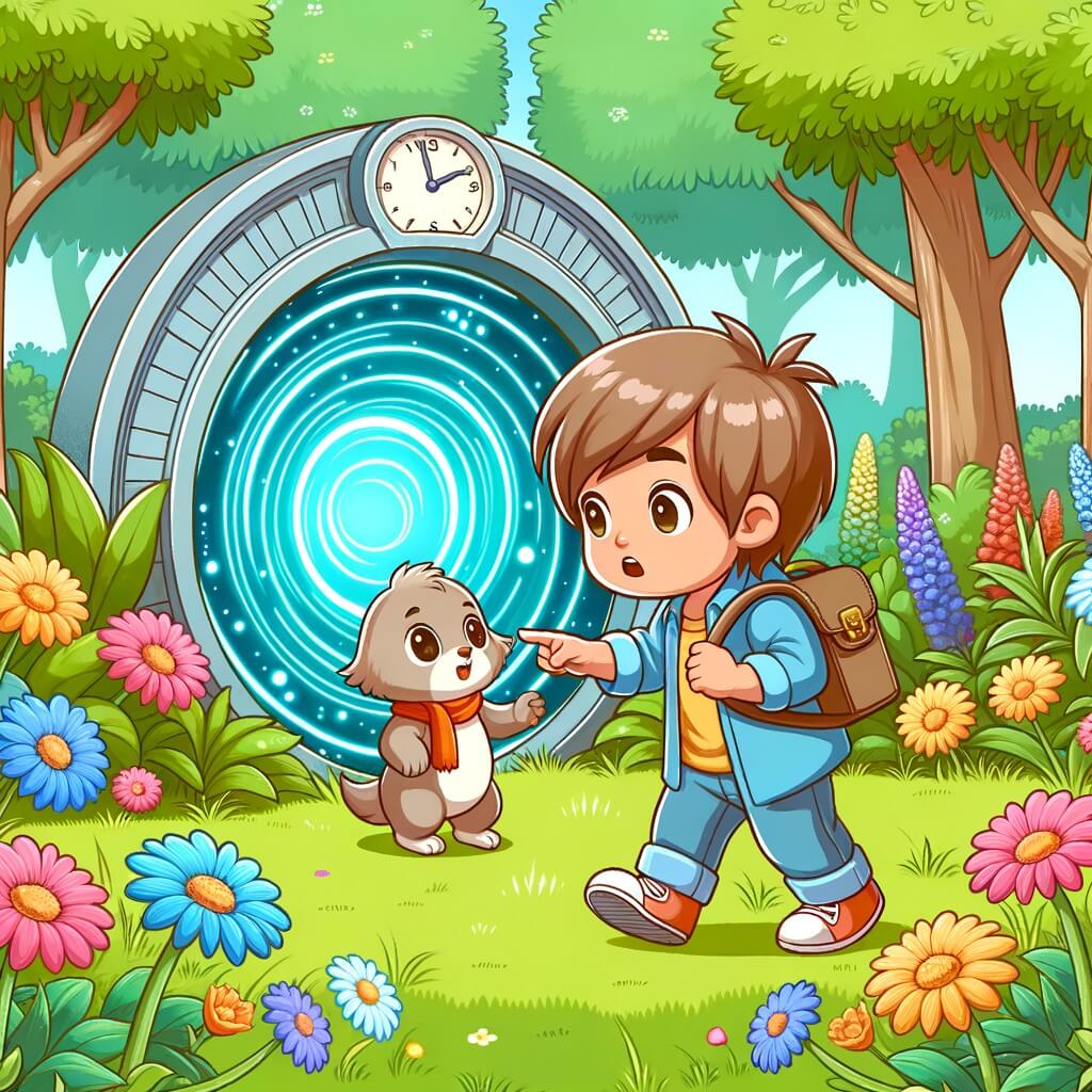 Une illustration destinée aux enfants représentant un petit garçon curieux, découvrant un portail temporel mystérieux, accompagné d'un nouvel ami, dans un parc verdoyant entouré de fleurs multicolores.