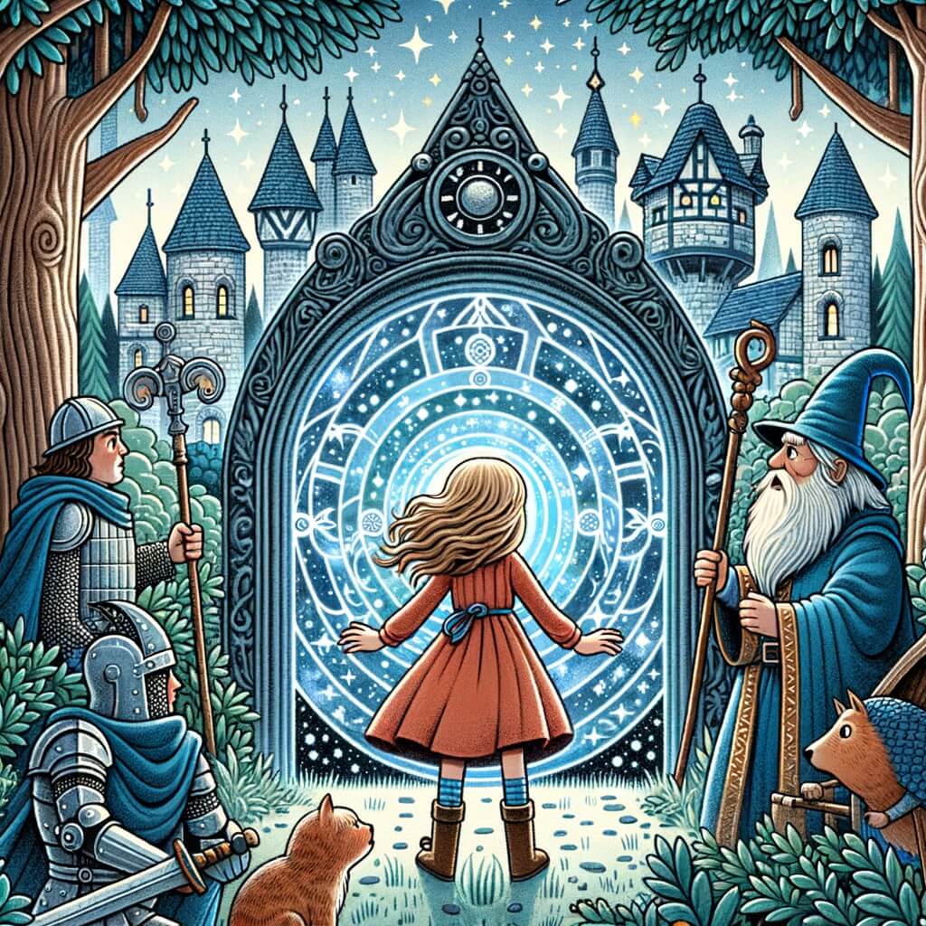 Une illustration destinée aux enfants représentant une petite fille intrépide, découvrant un portail temporel magique caché dans une forêt enchantée, en compagnie d'un enchanteur sage, dans une ville médiévale pleine de maisons en pierre et de chevaliers en armure.