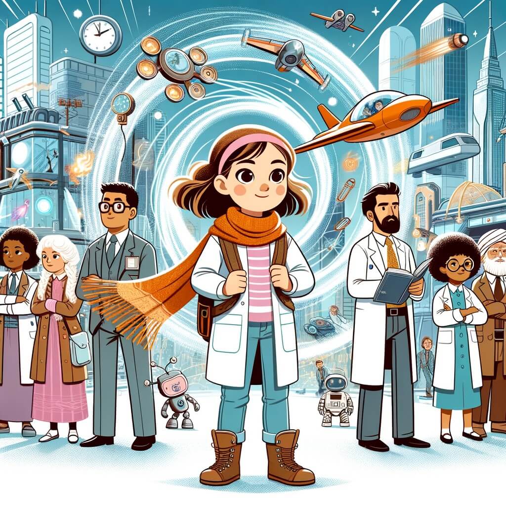 Une illustration pour enfants représentant une petite fille qui voyage dans le temps à travers un tourbillon magique, atterrissant dans une ville futuriste remplie de voitures volantes et de robots.