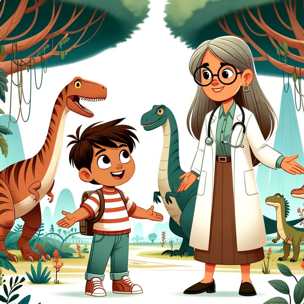 Une illustration destinée aux enfants représentant un petit garçon passionné d'histoire, perdu dans une époque où les dinosaures règnent en maîtres, accompagné d'une femme experte en histoire, dans un village entouré d'arbres immenses et de plantes étranges.