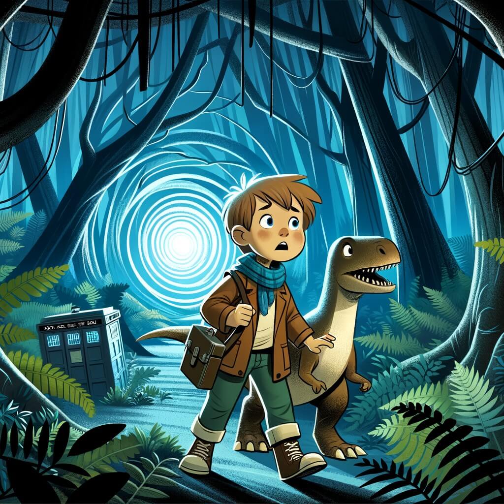 Une illustration destinée aux enfants représentant un jeune aventurier curieux se retrouvant piégé dans un passage temporel, accompagné d'un dinosaure amical, dans une forêt dense et sombre où les arbres semblent murmurer des secrets.