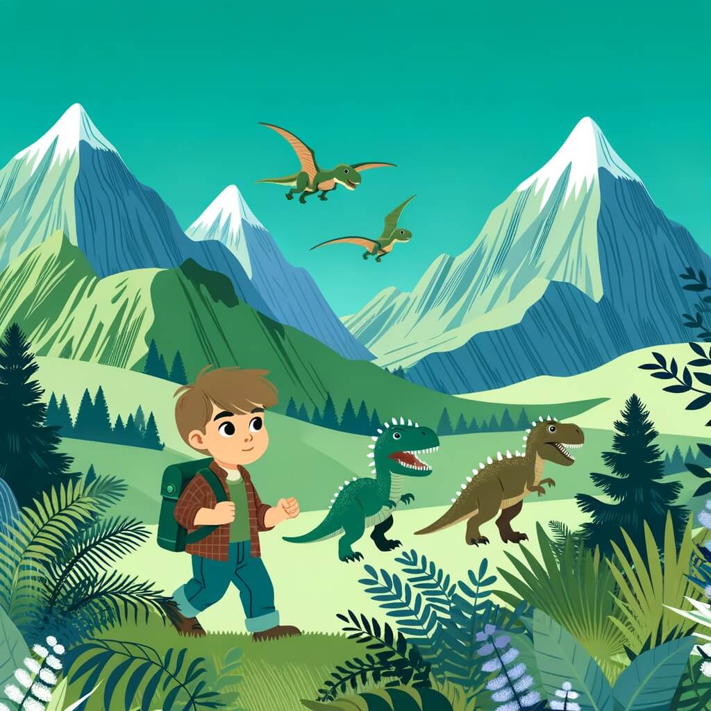 Une illustration destinée aux enfants représentant un petit garçon passionné par les voyages dans le temps, se retrouvant entouré de dinosaures dans un monde préhistorique, accompagné de gentils dinosaures, dans une vallée verdoyante avec des montagnes majestueuses en arrière-plan.