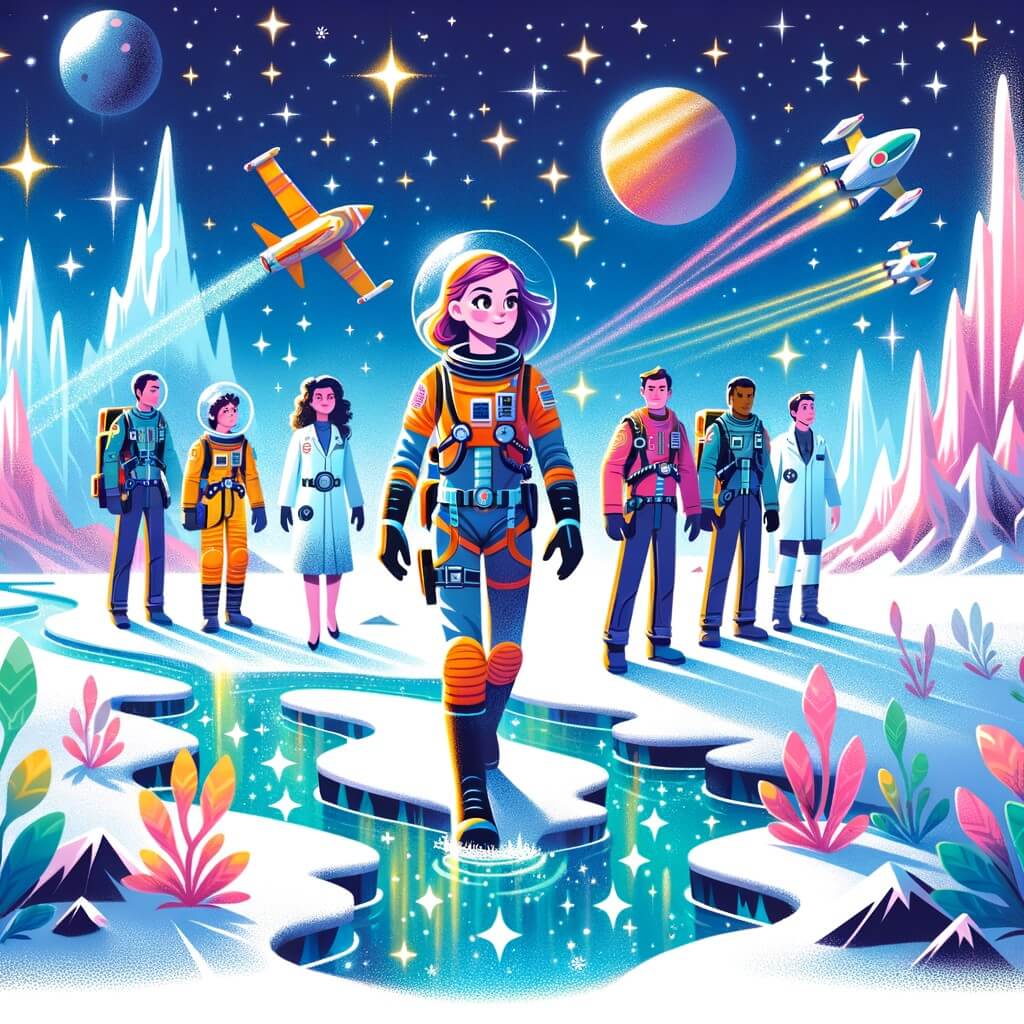 Une illustration pour enfants représentant une jeune femme courageuse et déterminée, voyageant dans l'espace à la recherche d'une nouvelle source d'eau pour sauver la Terre.