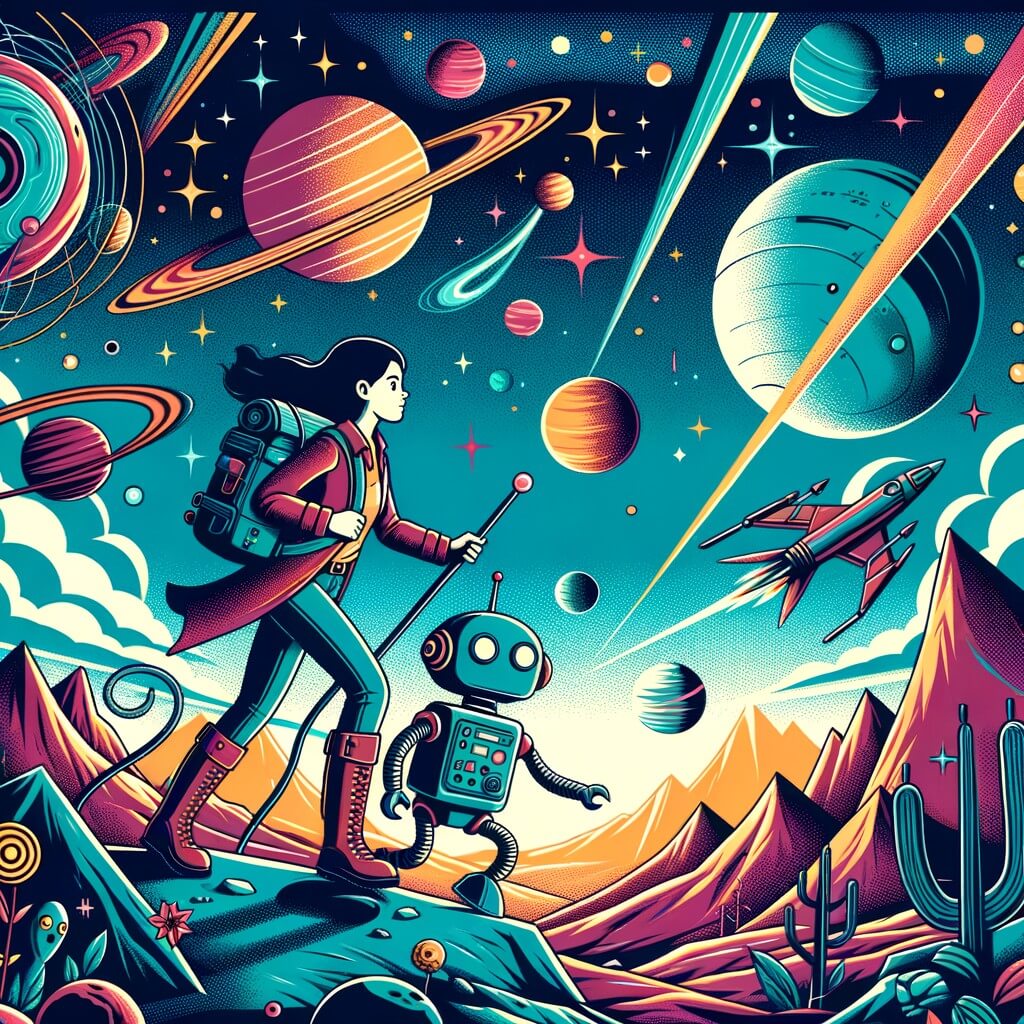 Une illustration pour enfants représentant une femme courageuse, partie dans l'espace pour sauver une race extraterrestre malade, et atterrissant sur une planète mystérieuse et inconnue.