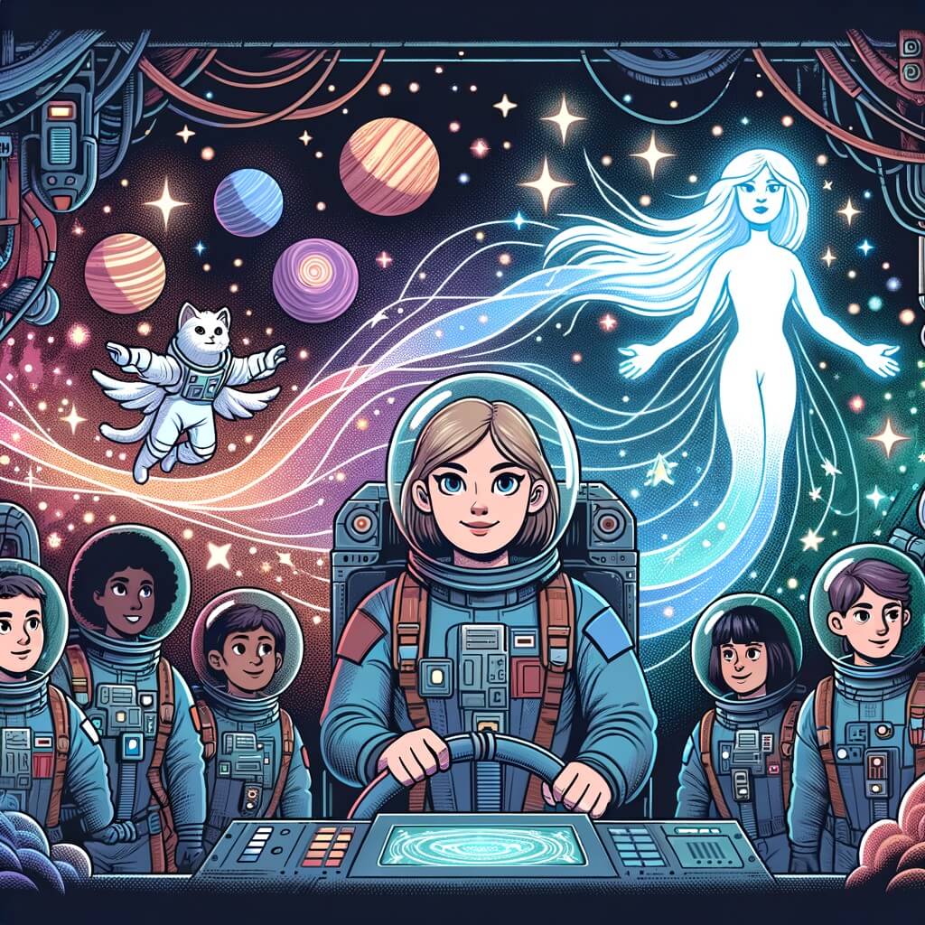 Une illustration destinée aux enfants représentant une astronaute courageuse et compétente, confrontée à un défi surnaturel dans l'espace, accompagnée de ses amis astronautes, dans un vaisseau spatial futuriste entouré d'étoiles scintillantes et d'une multitude de planètes colorées.