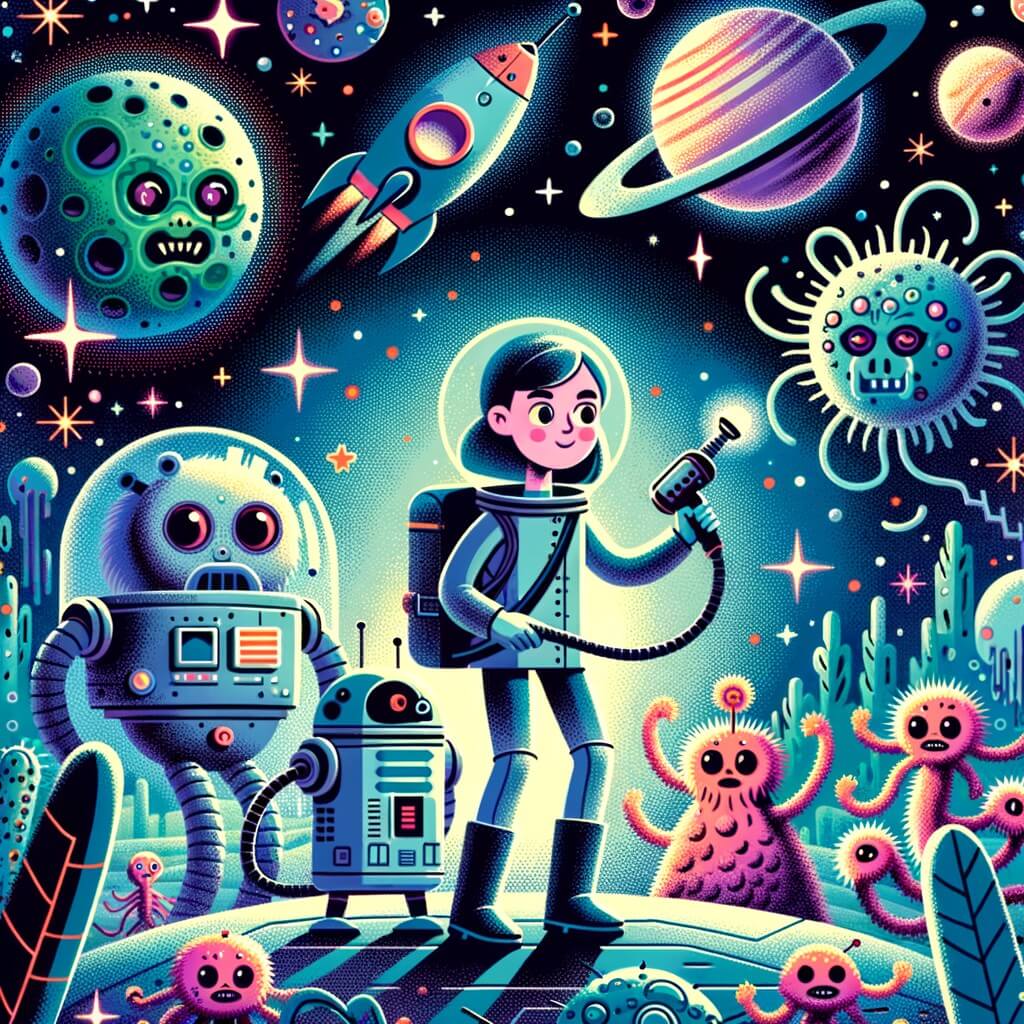 Une illustration pour enfants représentant une femme courageuse et déterminée, voyageant dans l'espace pour trouver un remède pour une maladie extraterrestre mortelle, sur une planète lointaine.
